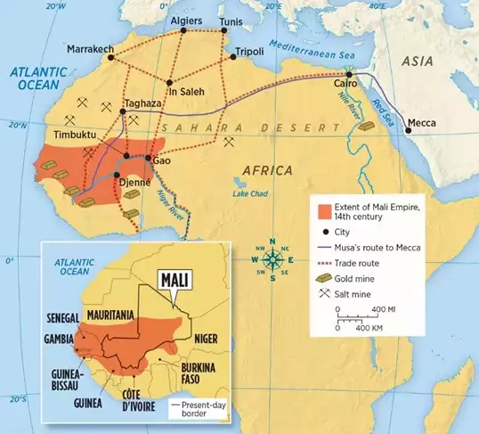 Map of Mali and where its gold mines were that made Mansa of Mali so rich